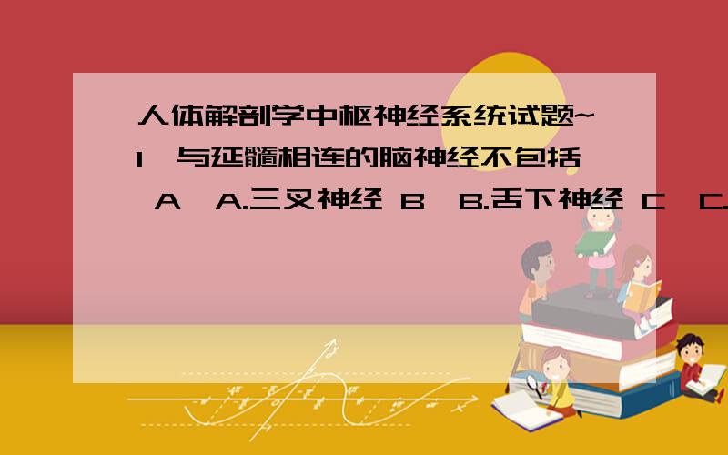 人体解剖学中枢神经系统试题~1、与延髓相连的脑神经不包括 A、A.三叉神经 B、B.舌下神经 C、C.迷走神经 D、D.副神经 2、哪项不是位于大脑半球内侧面的结构 A、A.胼胝体 B、B.扣带回 C、C.中