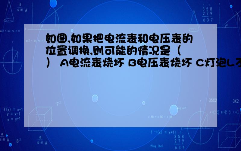 如图,如果把电流表和电压表的位置调换,则可能的情况是（ ） A电流表烧坏 B电压表烧坏 C灯泡L不亮 D灯泡L坏（