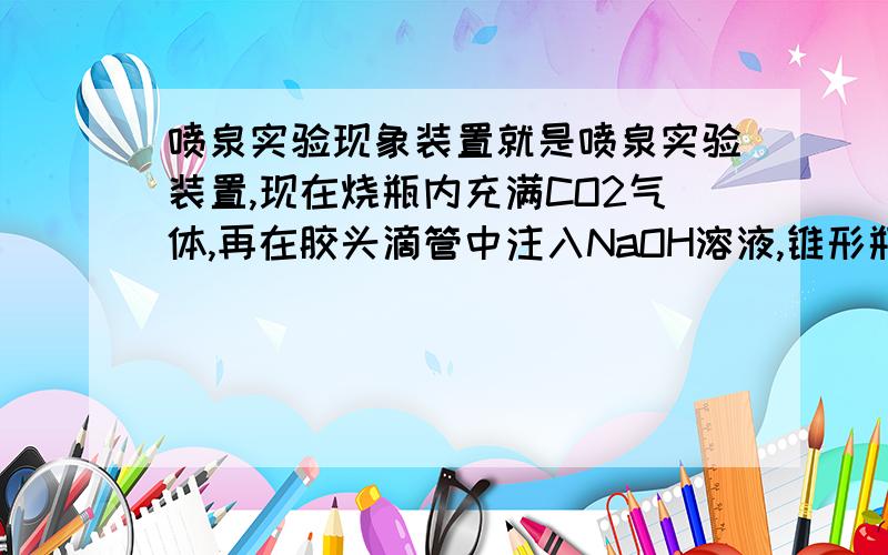 喷泉实验现象装置就是喷泉实验装置,现在烧瓶内充满CO2气体,再在胶头滴管中注入NaOH溶液,锥形瓶中装入滴有酚酞试液的水,并将烧瓶下端套在锥形瓶上端的胶管上.实验时,挤压胶头滴管内的液