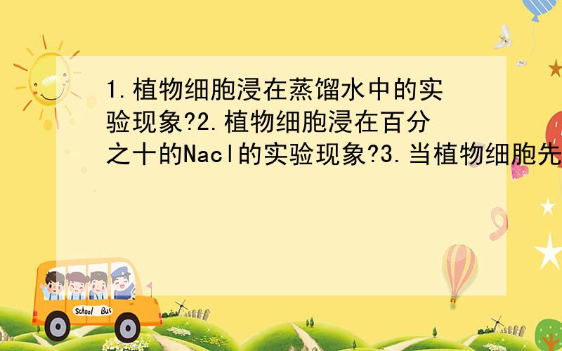 1.植物细胞浸在蒸馏水中的实验现象?2.植物细胞浸在百分之十的Nacl的实验现象?3.当植物细胞先浸在百分之十的Nacl溶液中,在浸入清水中的实验现象?4.当植物细胞进入在百分之一的硝酸钾溶液