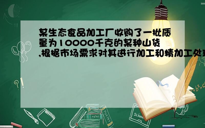 某生态食品加工厂收购了一批质量为10000千克的某种山货,根据市场需求对其进行加工和精加工处理,已知精加工的该种山货质量比粗加工的质量3倍还多2000千克,求粗加工的该种山货质量 二元