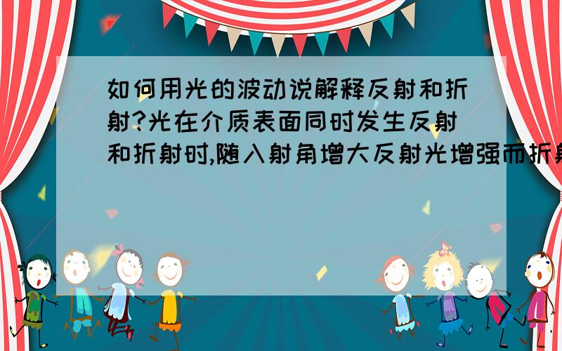 如何用光的波动说解释反射和折射?光在介质表面同时发生反射和折射时,随入射角增大反射光增强而折射光减弱,如何用光的波动说或电磁说来解释这一现象?