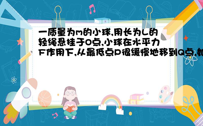 一质量为m的小球,用长为L的轻绳悬挂于O点,小球在水平力F作用下,从最低点P很缓慢地移到Q点,如图所示,则力F做的功为