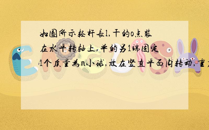 如图所示轻杆长l,干的o点装在水平转轴上,单的另1端固定1个质量为m小球,放在竖直平面内转动,重力加速度为g