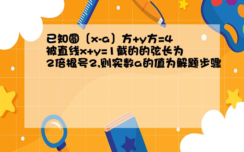 已知圆〔x-a〕方+y方=4被直线x+y=1截的的弦长为2倍根号2,则实数a的值为解题步骤