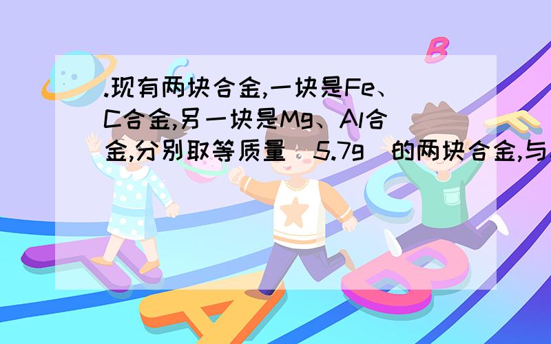 .现有两块合金,一块是Fe、C合金,另一块是Mg、Al合金,分别取等质量（5.7g）的两块合金,与稀硫酸反应,产生气体的质量与所耗稀硫酸溶液的质量关系如右图所示,试根据图示进行分析,回答下列相