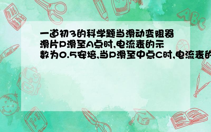 一道初3的科学题当滑动变阻器滑片P滑至A点时,电流表的示数为0.5安培,当P滑至中点C时,电流表的示数为0.4安培,若此时电源消耗的总电功率为5瓦特.求：（1）电源的电压是多少?（2）电阻 的阻