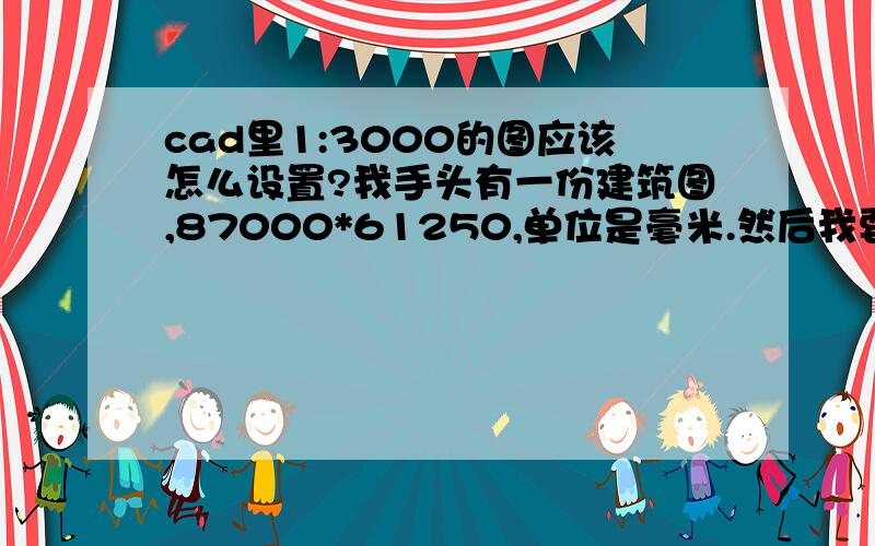 cad里1:3000的图应该怎么设置?我手头有一份建筑图,87000*61250,单位是毫米.然后我要在CAD里画图,按照比例1:300来画,也就是图上1厘米=实际300厘米.最后打印在A3的纸上.这样的画,CAD里应该要怎么设