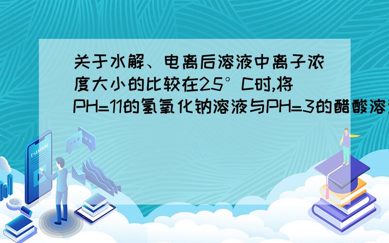 关于水解、电离后溶液中离子浓度大小的比较在25°C时,将PH=11的氢氧化钠溶液与PH=3的醋酸溶液等体积混合后,溶质为醋酸钠和醋酸.请问：1.为什么在混合后的溶液中,醋酸根离子浓度＞钠离子