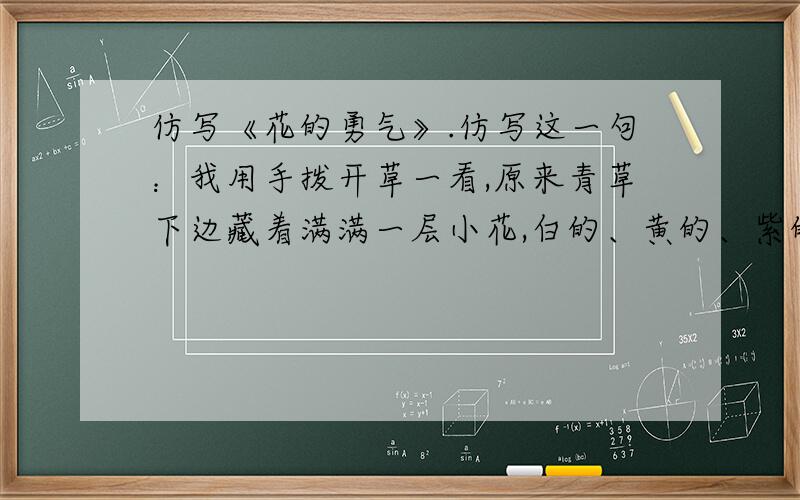 仿写《花的勇气》.仿写这一句：我用手拨开草一看,原来青草下边藏着满满一层小花,白的、黄的、紫的；纯洁、娇小、鲜亮；这么多、这么密、这么辽阔!它们比青草只矮几厘（lí）米,躲在