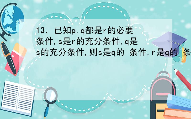 13．已知p,q都是r的必要条件,s是r的充分条件,q是s的充分条件,则s是q的 条件,r是q的 条件,p是s的 条件．14．设p、q是两个命题,若p是q的充分不必要条件,那么非p是非q的 条件．