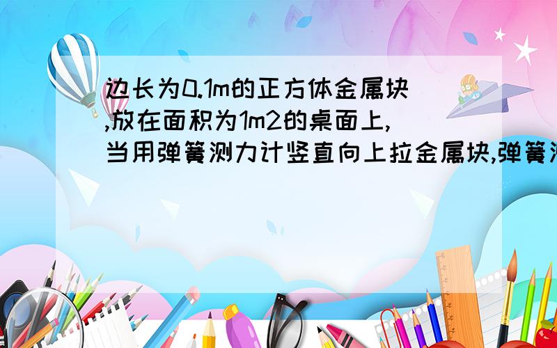 边长为0.1m的正方体金属块,放在面积为1m2的桌面上,当用弹簧测力计竖直向上拉金属块,弹簧测力计读数为10N时金属块对桌面的压强为4×103Pa,则金属块的密度是（ ） 大哥大姐求你们了