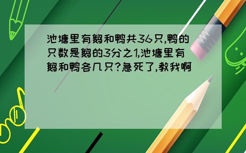 池塘里有鹅和鸭共36只,鸭的只数是鹅的3分之1,池塘里有鹅和鸭各几只?急死了,教我啊