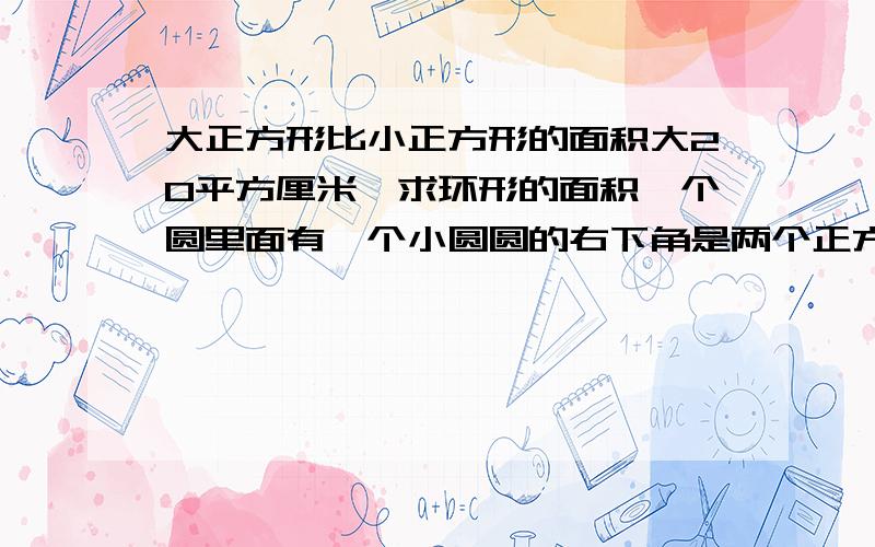 大正方形比小正方形的面积大20平方厘米,求环形的面积一个圆里面有一个小圆圆的右下角是两个正方形，一个大的里面包着一个小的正方形