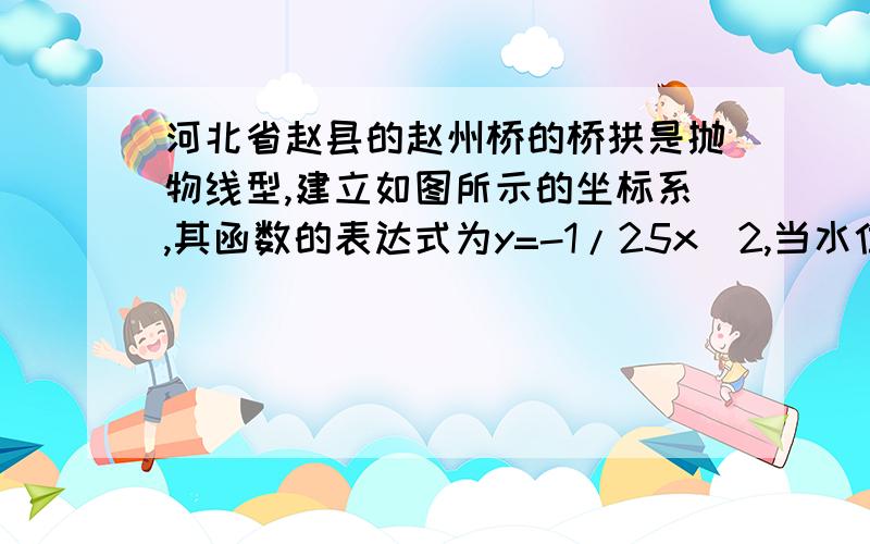 河北省赵县的赵州桥的桥拱是抛物线型,建立如图所示的坐标系,其函数的表达式为y=-1/25x^2,当水位线在AB位置时,水面宽AB=30米,试求这时水面离桥顶的高度h是多少?