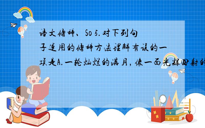 语文修辞、So 5.对下列句子运用的修辞方法理解有误的一项是A.一轮灿烂的满月，像一面光辉四射的银盘，从那平静的大海里浮出来。理解：这句话运用比喻的修辞方法，生动地写出了满月出