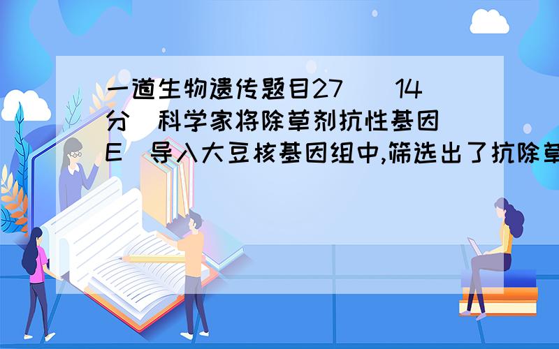 一道生物遗传题目27．（14分）科学家将除草剂抗性基因（E）导入大豆核基因组中,筛选出了抗除草剂大豆植株.某些抗除草剂大豆植株体细胞含两个E基因,分别被整合到3号、4号染色体上,如右