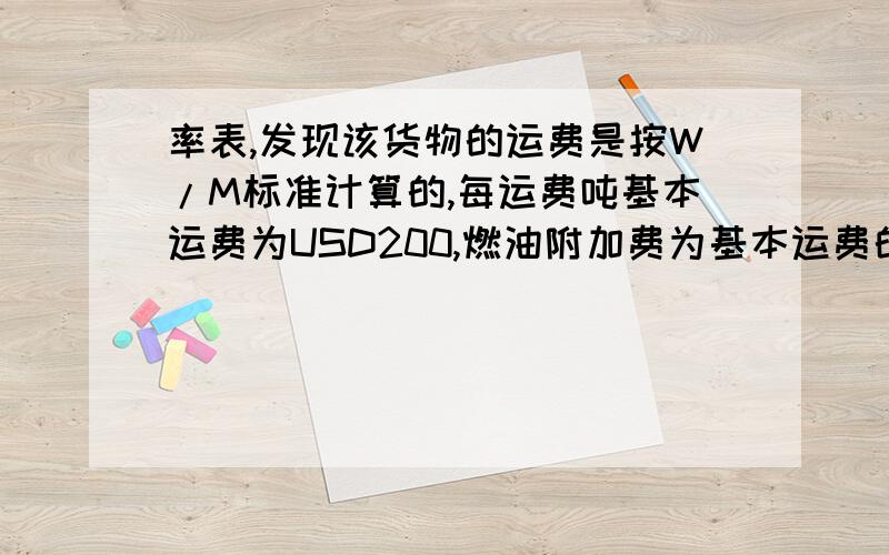 率表,发现该货物的运费是按W/M标准计算的,每运费吨基本运费为USD200,燃油附加费为基本运费的28%,港口附加费为基本运费的10%.问：该进口公司应当向运输公司支付的基本运费、燃油附加费、