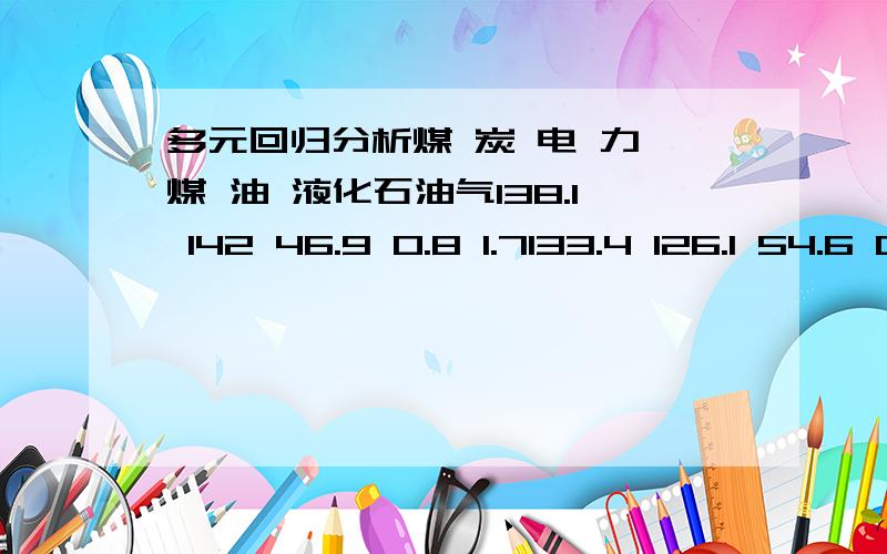 多元回归分析煤 炭 电 力 煤 油 液化石油气138.1 142 46.9 0.8 1.7133.4 126.1 54.6 0.7 2130.6 120.5 61.2 0.6 2.5129.3 109.5 72.7 0.6 3.2130.8 112.3 83.5 0.5 4.4145.5 118.3 93.1 0.5 5.8133.1 99.5 101.8 0.5 6115.9 71.5 106.6 0.5 6.2用excl