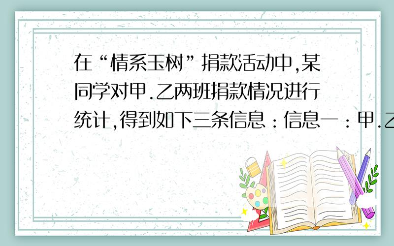 在“情系玉树”捐款活动中,某同学对甲.乙两班捐款情况进行统计,得到如下三条信息：信息一：甲.乙两班共捐款532元；信息二：乙班平均每人捐款数是甲班平均每人捐款钱数的4/5倍；信息三