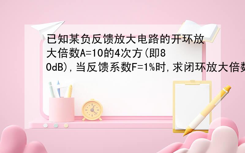 已知某负反馈放大电路的开环放大倍数A=10的4次方(即80dB),当反馈系数F=1%时,求闭环放大倍数.