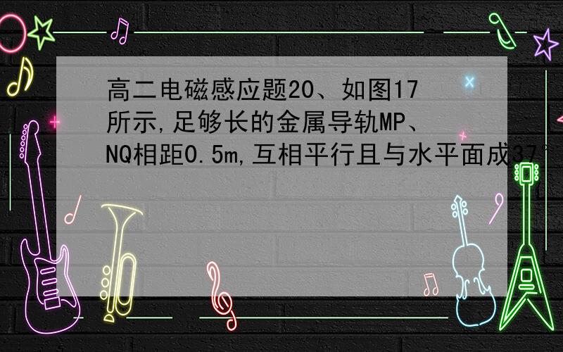 高二电磁感应题20、如图17所示,足够长的金属导轨MP、NQ相距0.5m,互相平行且与水平面成37°倾角放置,导轨处于竖直向上、磁感强度为2T的匀强磁场中,金属棒ab质量为0.2kg,电阻为4Ω,水平放置在导