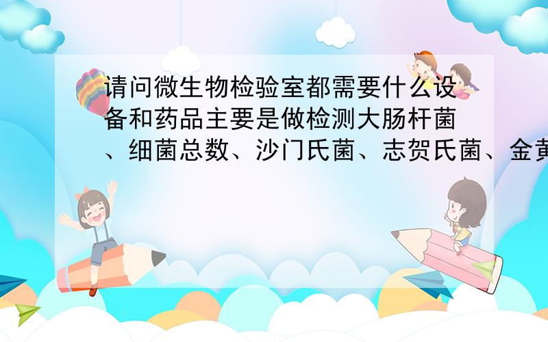 请问微生物检验室都需要什么设备和药品主要是做检测大肠杆菌、细菌总数、沙门氏菌、志贺氏菌、金黄色葡萄球菌的