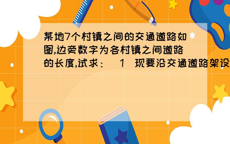 某地7个村镇之间的交通道路如图,边旁数字为各村镇之间道路的长度,试求：（1）现要沿交通道路架设电话线,使各村镇之间均能通话,应如何架线使总长最短?（2）求v1到其余各村镇的最短距离