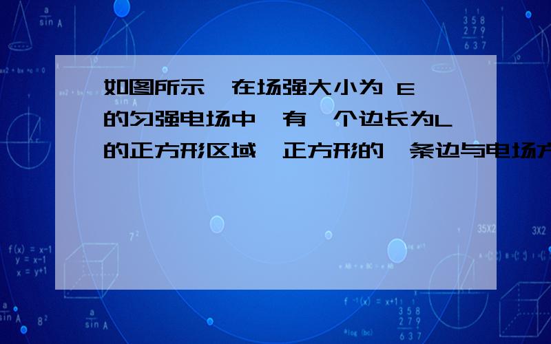 如图所示,在场强大小为 E 的匀强电场中,有一个边长为L的正方形区域,正方形的一条边与电场方向平行.质量为m、电荷量绝对值为q的电子从某一条边的中点,以初速度v.射入该区域.初速度的方