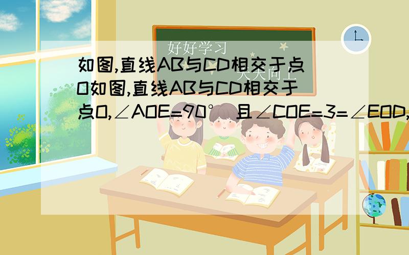 如图,直线AB与CD相交于点O如图,直线AB与CD相交于点O,∠AOE=90° 且∠COE=3=∠EOD,求∠BOD的度数